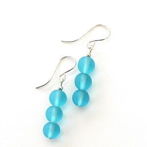 Blue Sea Glass Earrings Sterling Silver Hypoallergenic Wires Womens Girls